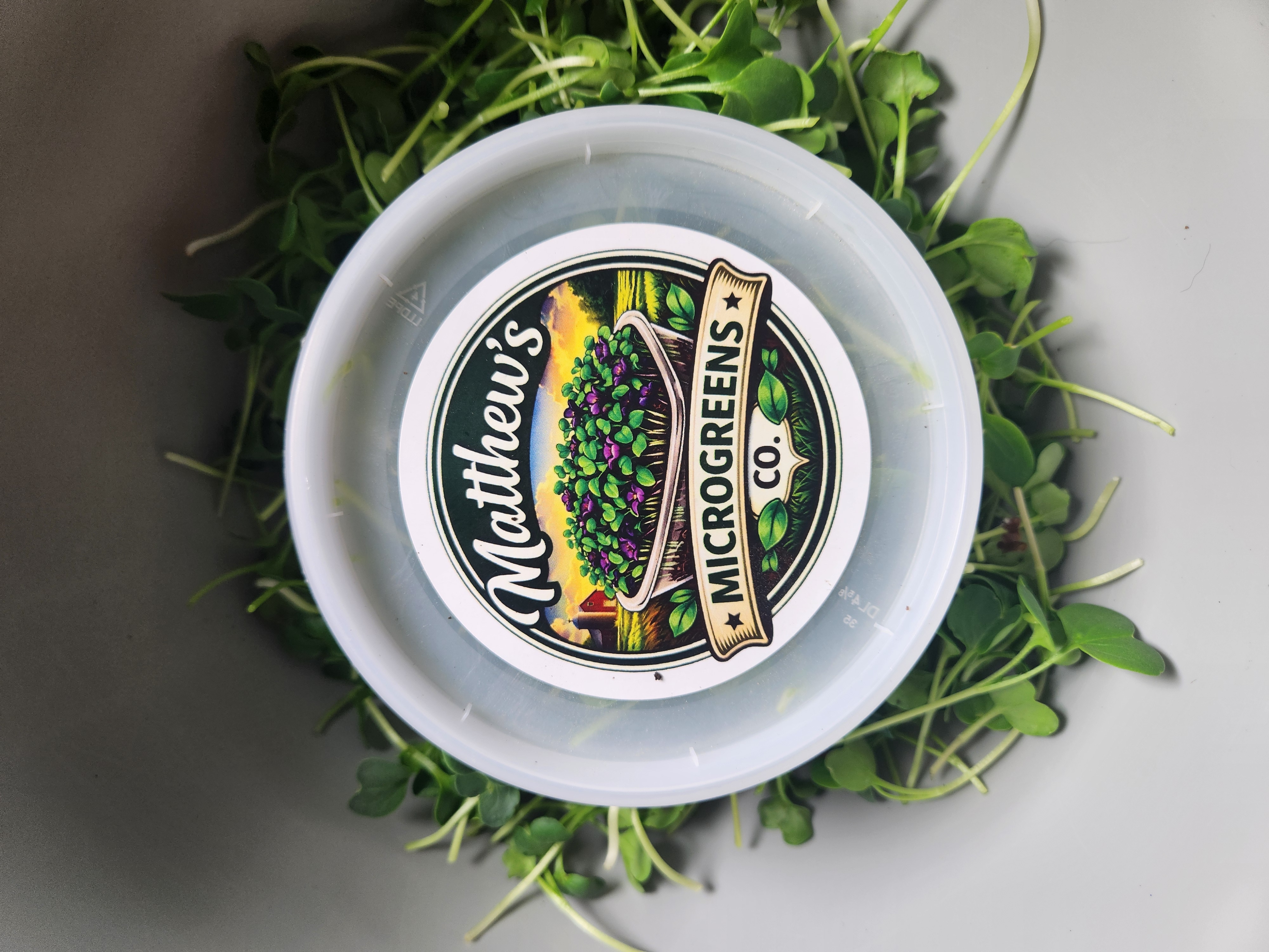 Matthew's Microgreens Co. branded container with fresh pea shoots